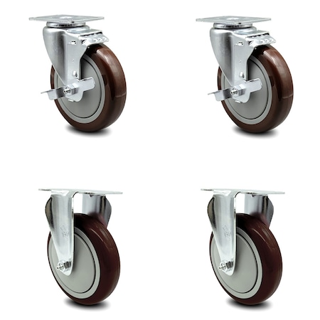 Service Caster 5 Inch Maroon Polyurethane Swivel Top Plate Caster Set with 2 Brake 2 Rigid SCC SCC-20S514-PPUB-MRN-TLB-TP2-2-R-2